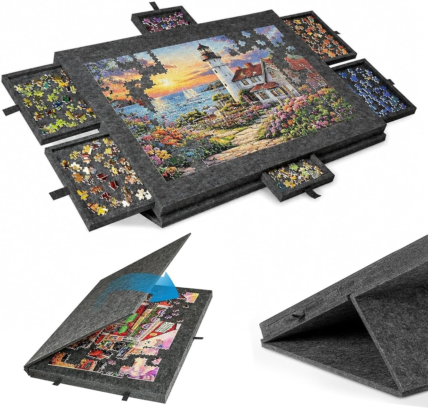 Puzzeltafel 1000 stukjes, draagbare puzzelplank met 6 laden en afdekking, puzzelbord, lichte vilten puzzeltafel, 1000 stukjes, puzzelaccessoires voor volwassenen, zwart