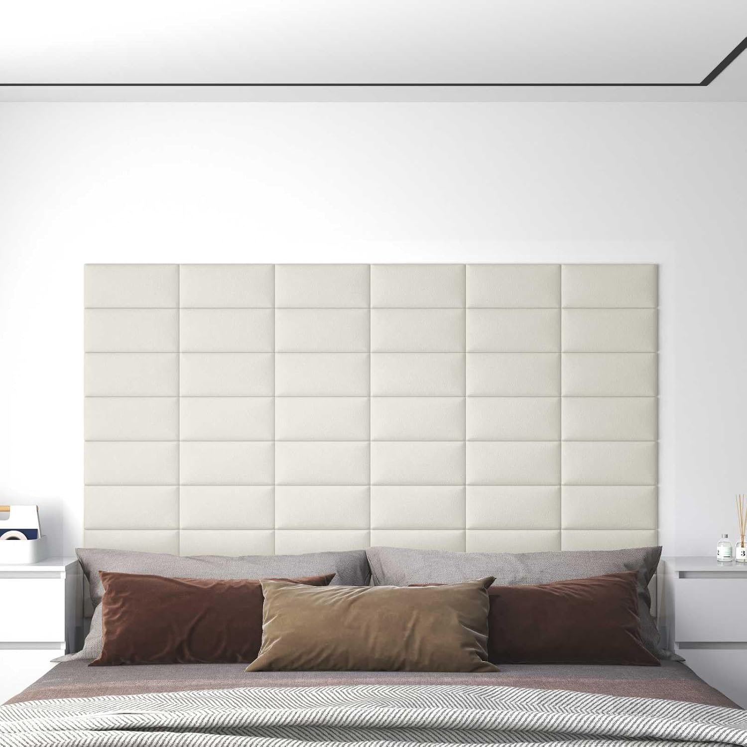 Fluwelen wandpaneel, crèmekleurig, 12 stuks, slaapkamerdecoratie, rechthoekig fluwelen hoofdeinde met houten basis, modern design voor woonkamer, slaapkamer, eenvoudige montage vereist