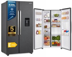 Heinner HSBS-HM439NFINVDGWDE++ American Side-by-Side Koelkast met Waterdispenser 439 L – Total No Frost – Super Freezing – Open-deur Alarm – Vingerafdrukbestendige Afwerking – Antracietgrijs – 5 Jaar Garantie