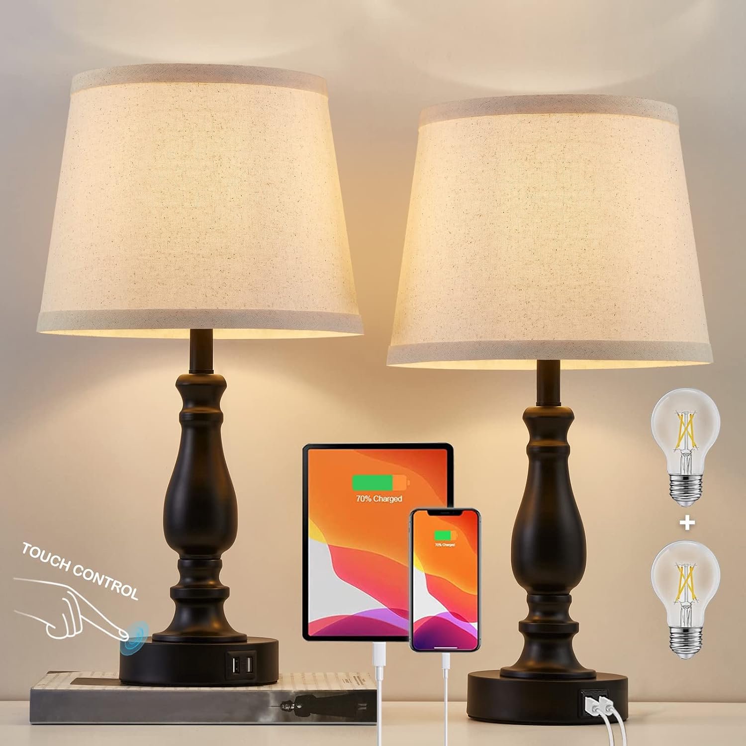 Lampen voor Slaapkamers Set van 2, Touch Nachtkastje Lamp met USB-poorten, 3-weg Dimbare Nachtkastje Lampen met Ronde Stof Linnen Lampenkap voor Woonkamer Lezen Bed Side End Tafel, Lampen Inbegrepen