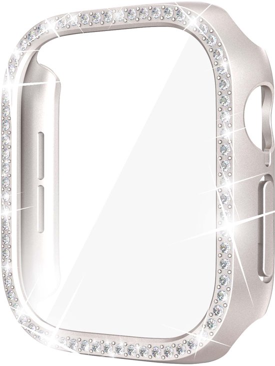 Zilverkleurige beschermhoes voor smartwatch met sprankelende strass-steentjes langs de rand.