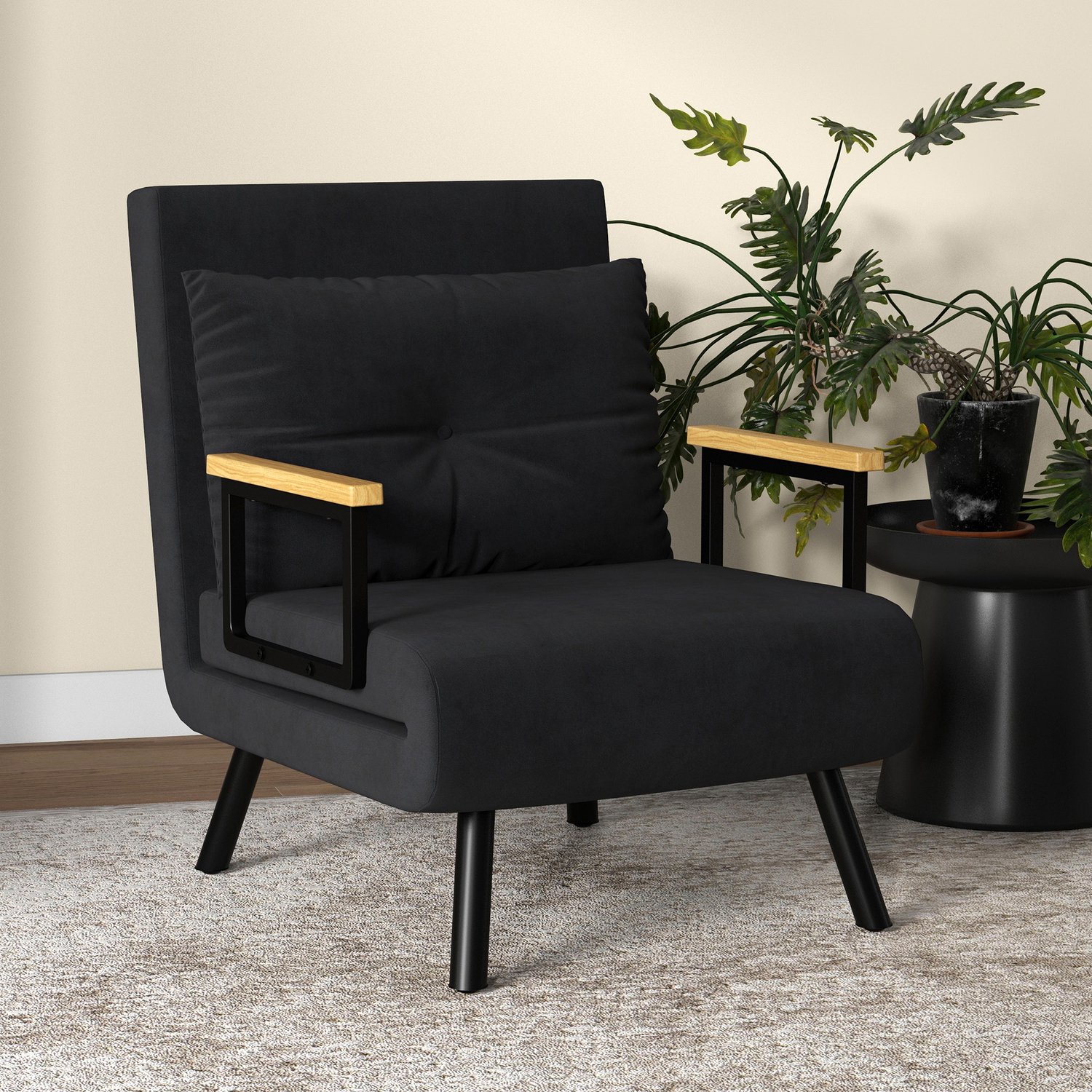 TEKROA® Slaapfauteuil - Relaxfauteuil in Scandinavische stijl - verstelbare stoel - leesstoel - Inclusief kussen met knoopdetail - zwart
