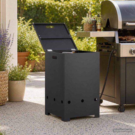 Zwarte stalen gasflesombouw naast een barbecue in een tuin, met open deksel.