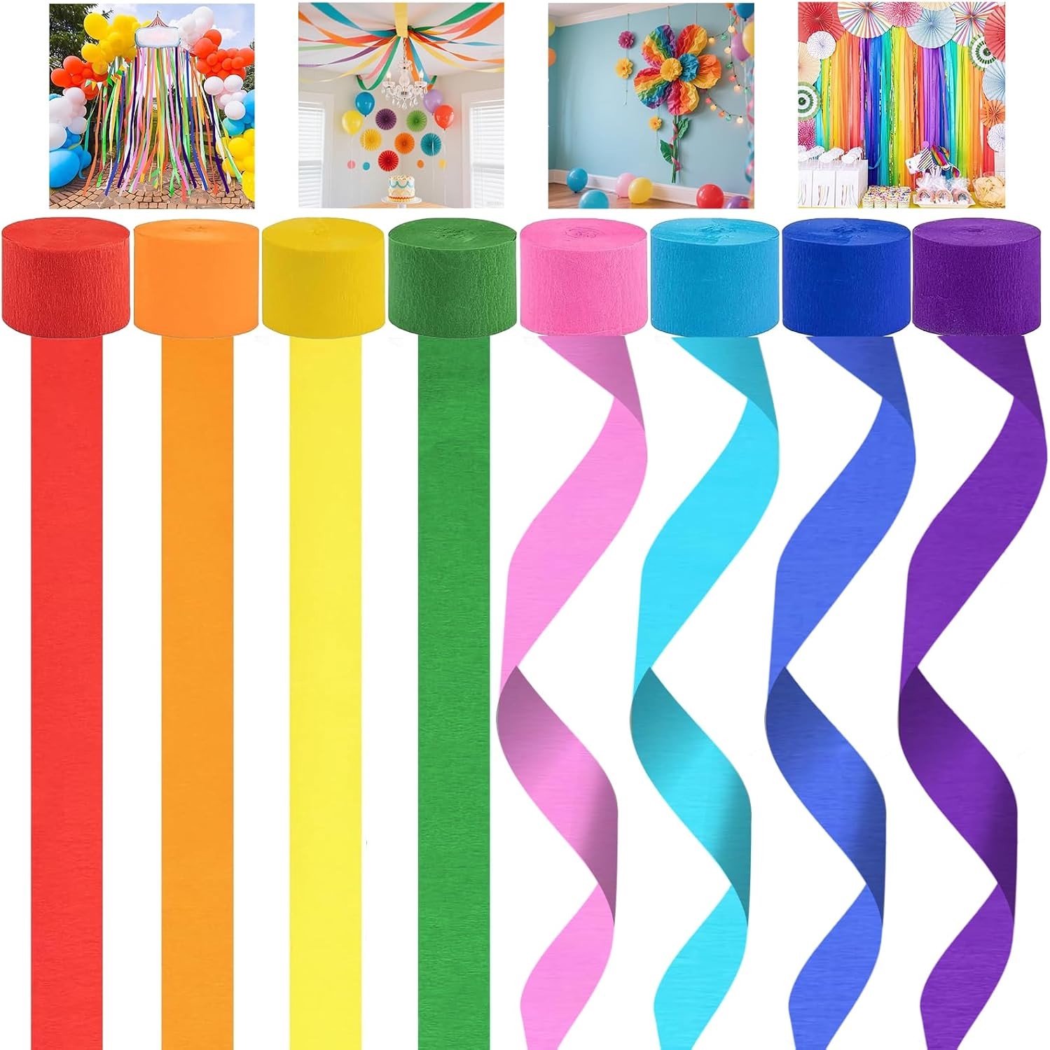 8 Rollen Crepe Papier in Levendige Kleuren, 1.8" x 82ft, Scheurbestendig en Ideaal voor Knutselen en Decoratie