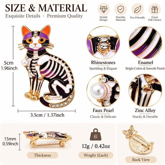 2 stuks Halloween skelet kat broche spelden, emaille zwarte kat reversspeld met strass steentjes, milieuvriendelijke zinklegering gotische badge voor vrouwen mannen, pak jas rugzak hoed sjaal — afbeelding 5