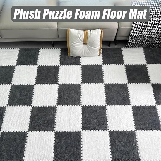 30 stuks Fuzzy 12x12 inch tapijtvierkanten, pluche in elkaar grijpende vloertegels, puzzelstuk vloermat, puzzelmat voor speelkamer, woonkamer, grijs, 0,39 inch — afbeelding 3
