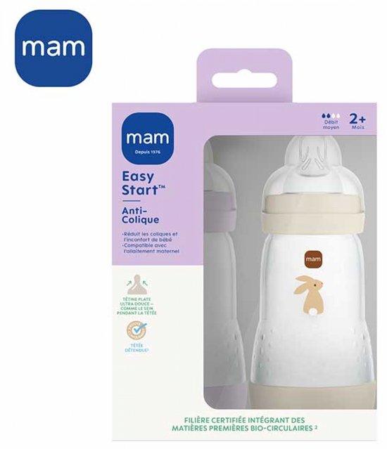 Set van 2 Babyflessen - MAM - Easy Start / Anti-Colic - 260 ml - Flow 2 Speen - Lila + Zand — afbeelding 2