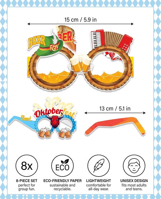 8 stuks Oktoberfest papieren brillen, Beierse feestdecoratie, fotobox rekwisieten voor Oktoberfest-feesten, grappige fotobril-accessoires, Wiesn decoratieset, stijl B — afbeelding 4