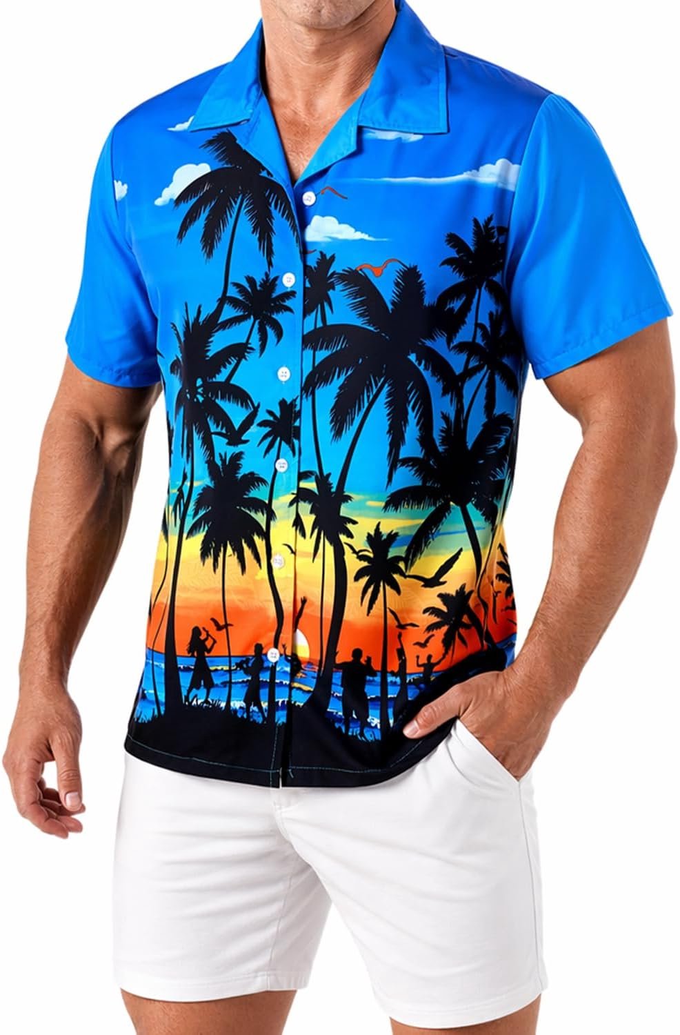 Hawaïhemd voor heren, korte mouwen, funky flamingo, bloemen, tropisch overhemd, kleurrijk, zomer, vrijetijdshemd, heren, voor strand, vakantie, feest
