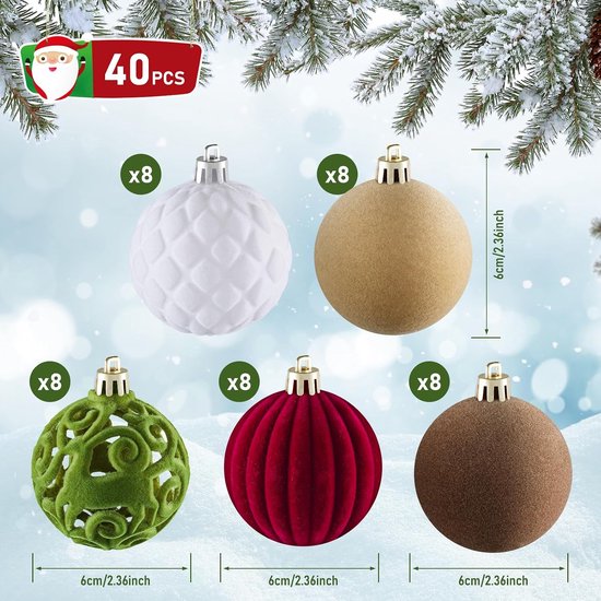 40 Stuks Fluwelen Kerstballen, Elegant Velvet, Bruin, Rood, Groen, Wit, Koffiekleurig, Kerstmis — afbeelding 3
