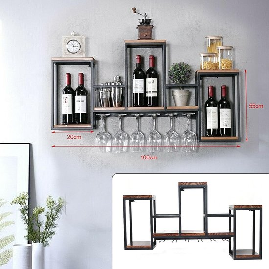 Vintage wandrek, houten bar, wijnflessenhouder, rustiek + glashouder, wandmontage, wijnrek, wandmontage, decoratie, metalen hangrek — afbeelding 3