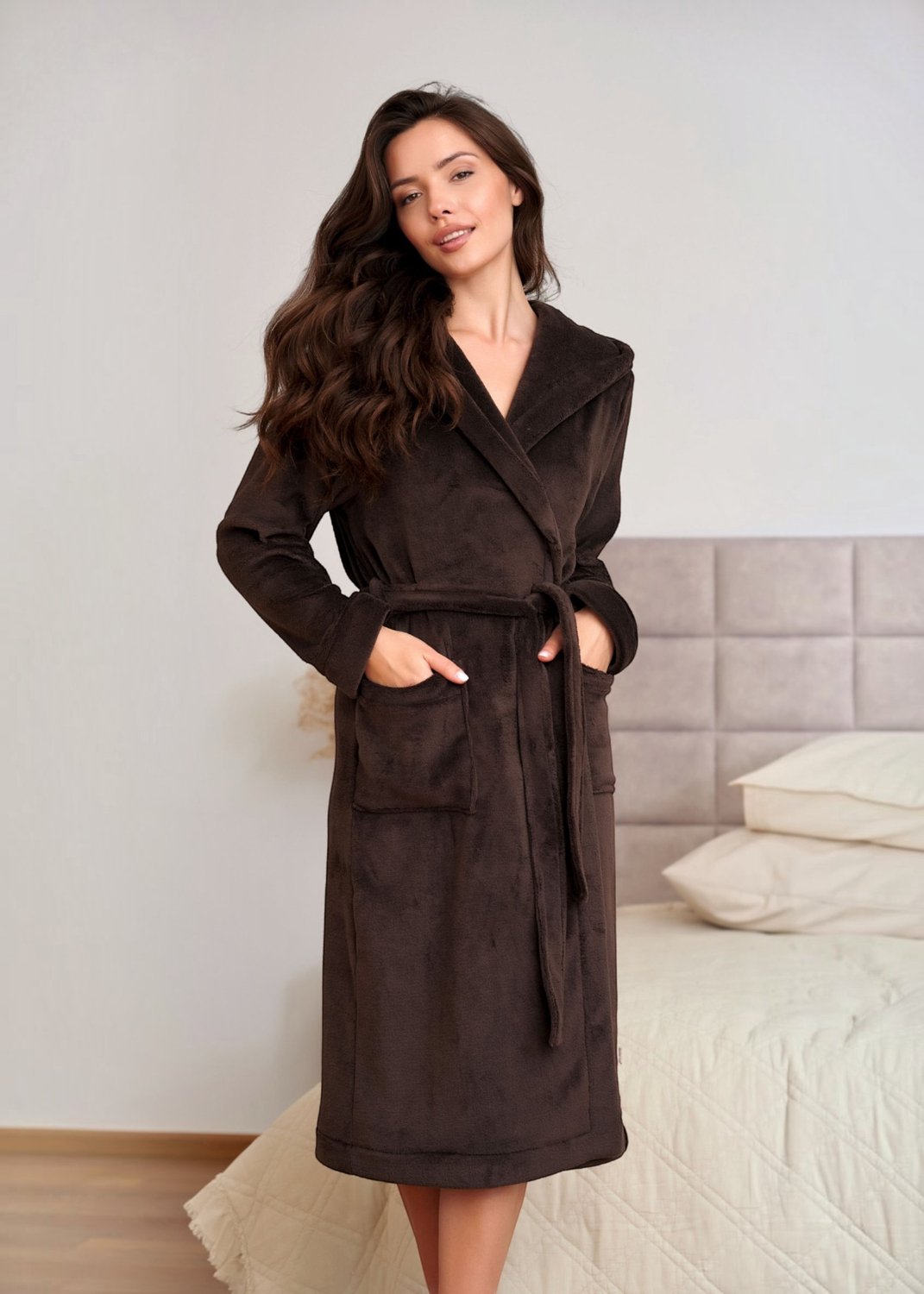 Doctor Nap Fleece Badjas Dames Lang Capuchon Brownie SWW.7548 Bruin