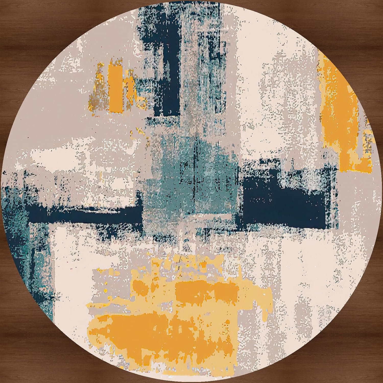 Modern design groot rond blauw tapijt voor woonkamer, slaapkamer woondecoratie - antislip wasbaar tapijt in ivoorblauw okergeel, groenblauw oranje en kaki-grijs - 180 cm