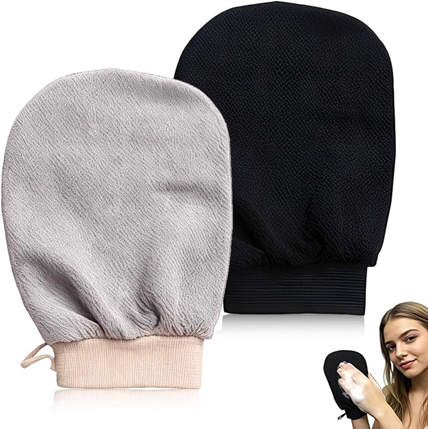 2 stuks peelinghandschoenen, zwart en wolkengrijs, voor douche en spa, 14 x 21 cm - ShopVlot