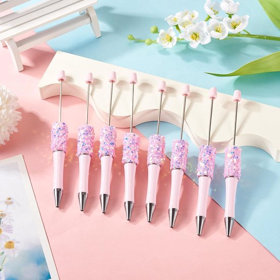 8 stuks kralenpennen bling glitter strass kralen pennen doe-het-zelf plastic balpennen schacht zwarte inkt balpen voor doe-het-zelf pen decoraties benodigdheden kantoor school - roze — afbeelding 2
