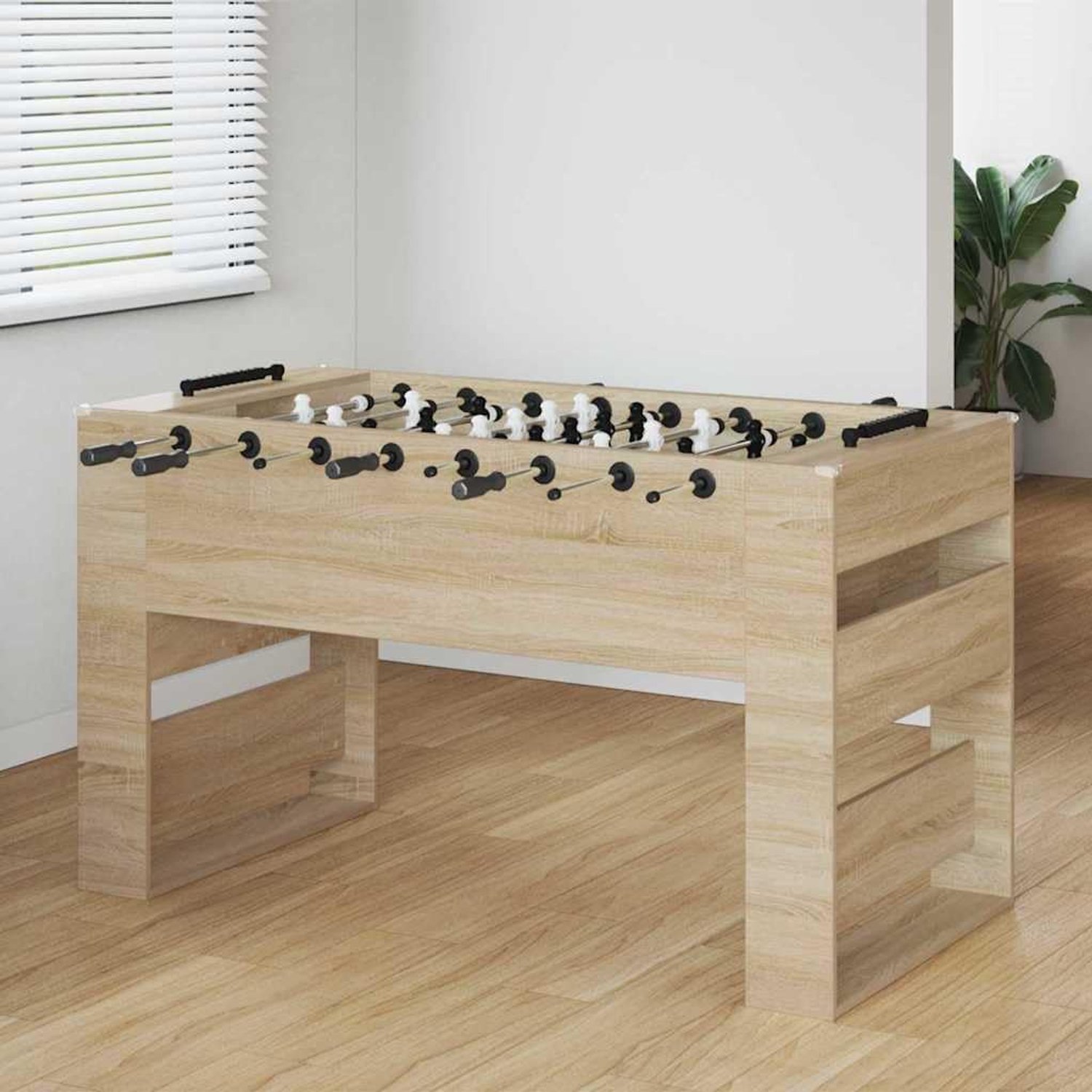 Kickertafel, Sonoma-eiken, 146,5 cm, met holle stalen buizen, ergonomische handgrepen, stabiele speeltafel voor volwassenen en kinderen, tafelvoetbal voor thuis
