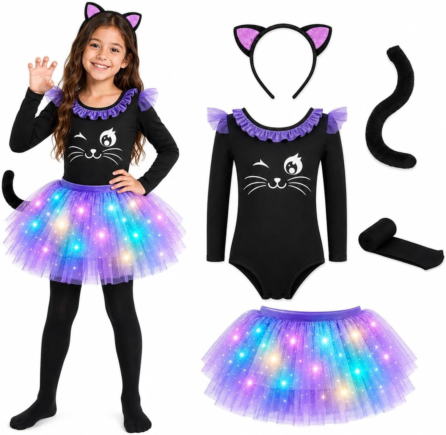 Kattenkostuum voor kinderen, lichtgevend meisjeskostuum met led-tutu-rok