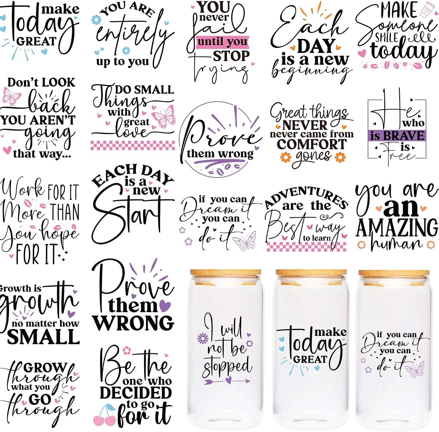 Motiverende UV DTF Cup Wraps - 20 vellen inspirerende citaten UV DTF transferstickers, bevestiging UVDTF cup wraps voor glas, waterdichte transfersticker voor jongens meisjes