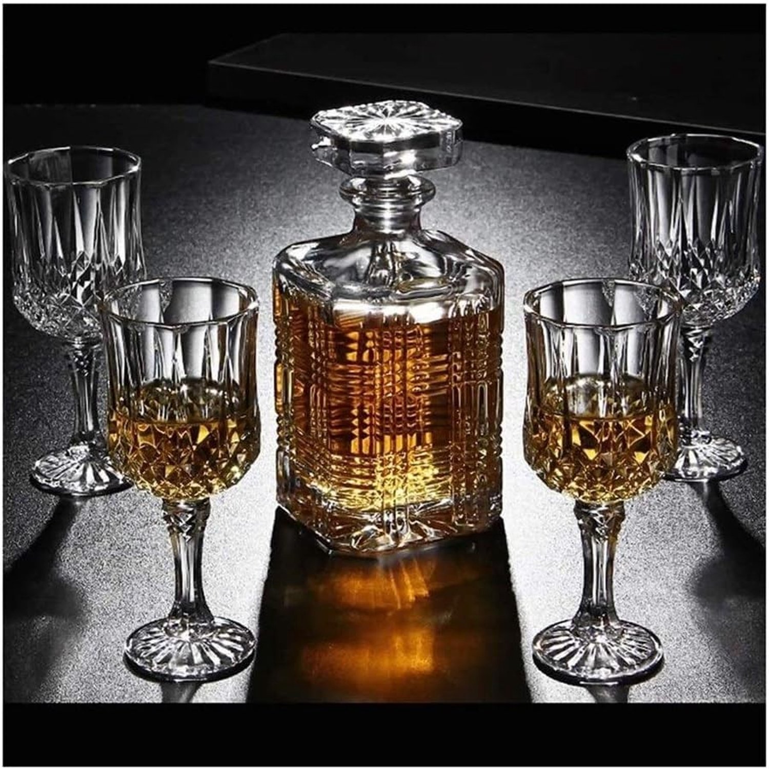 Flessenrek, wijnrek, wijnglashouder, 7-delige whiskykaraf en glazen set, loodvrij kristal, met deksel, whiskykaraf, 750 ml, voor mannen, vader, echtgenoot
