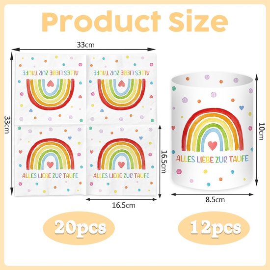 20 stuks servetten, doop + 12 stuks windlicht tafeldecoratie, doopdecoratie, decoratie voor meisjes en jongens, regenboog, doopgeschenken, gastgeschenk, feestdecoratieset — afbeelding 4