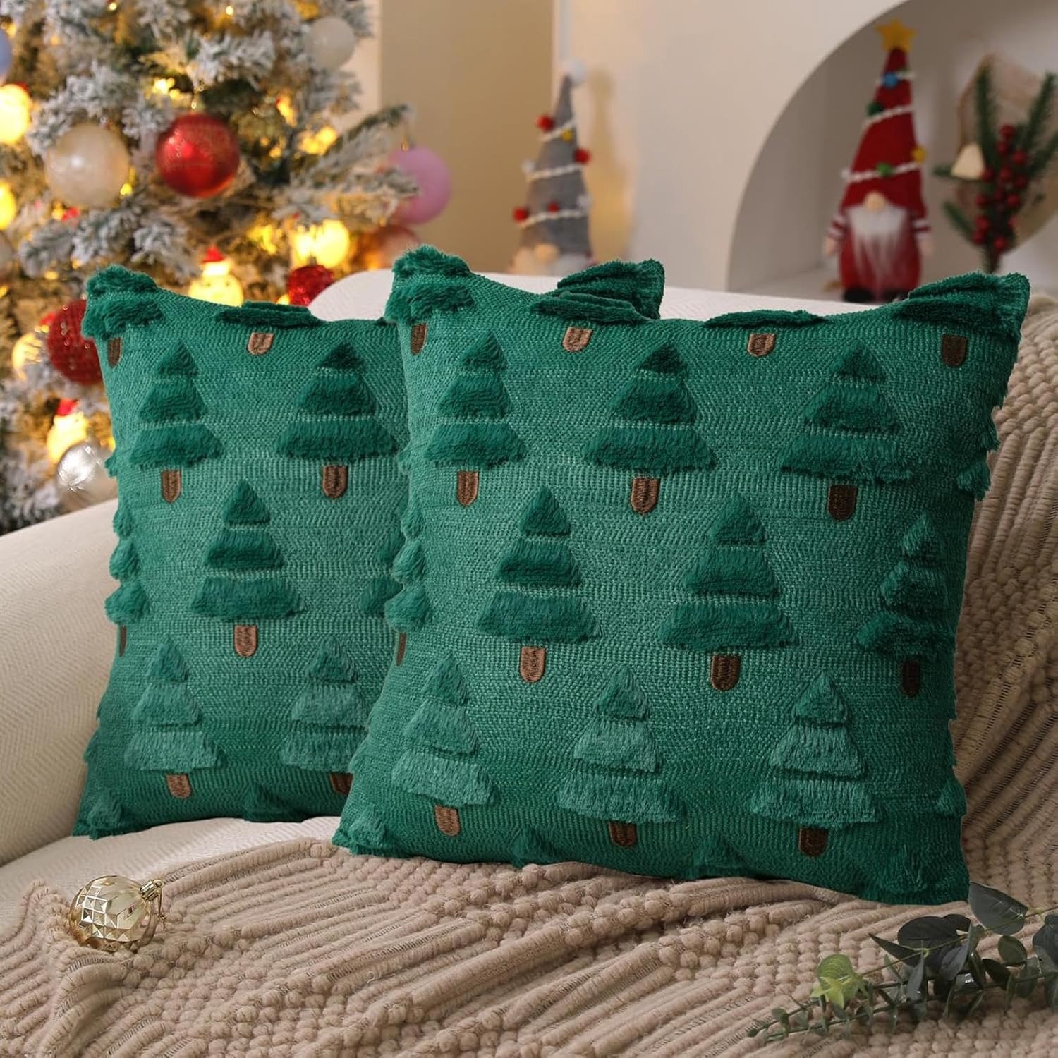 Flintry 2 stuks groene kerst kussens set kerstboom kussens set zachte pluis kunstmatige wol kussens set winter vakantie decoratie bank 45x45cm - kerst huis decoratie