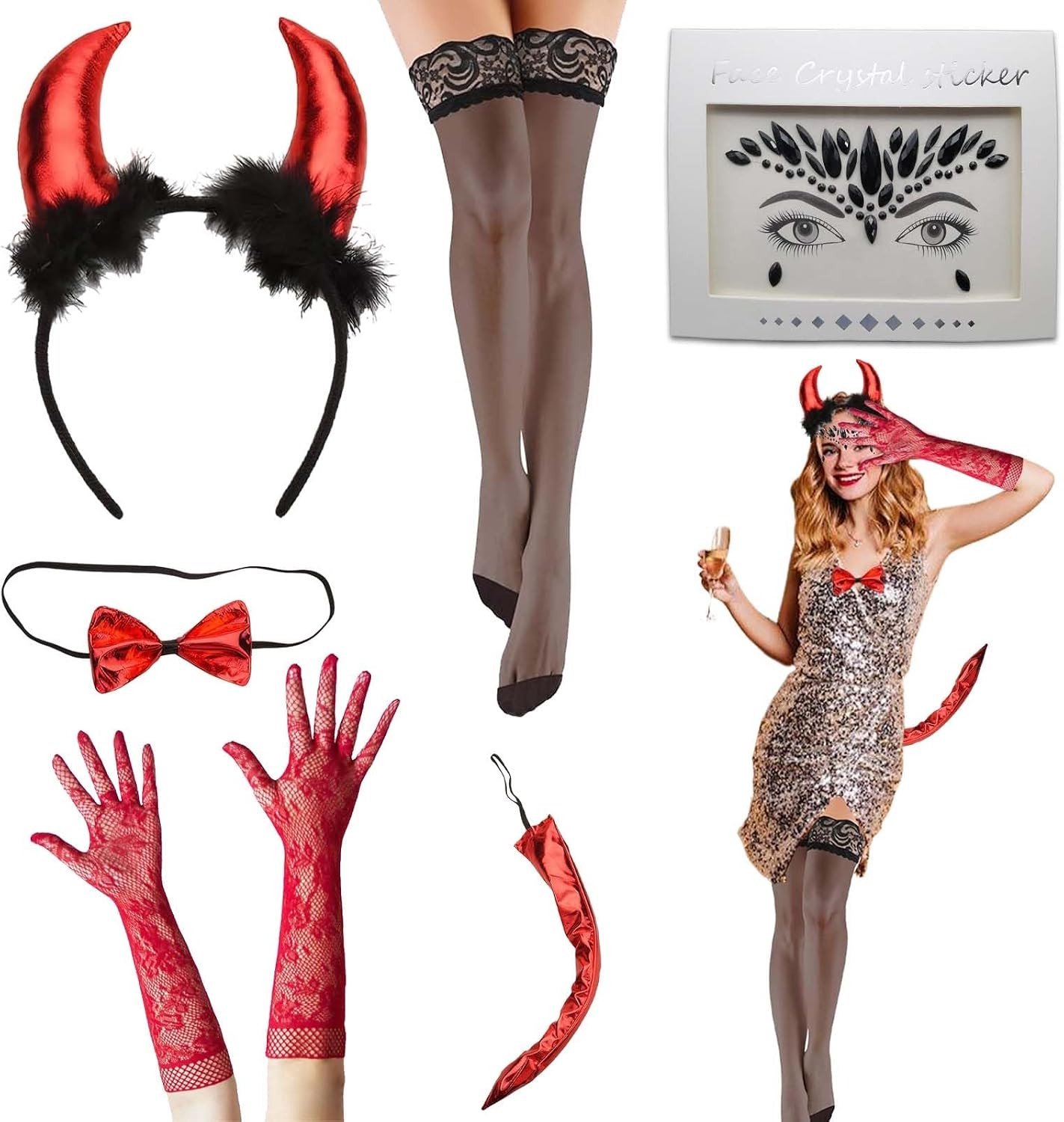 Halloween Duivel Kostuum Set met Hoorns, Strik, Staart, Handschoenen en Vork - Perfect voor Feestjes en Verkleedpartijen