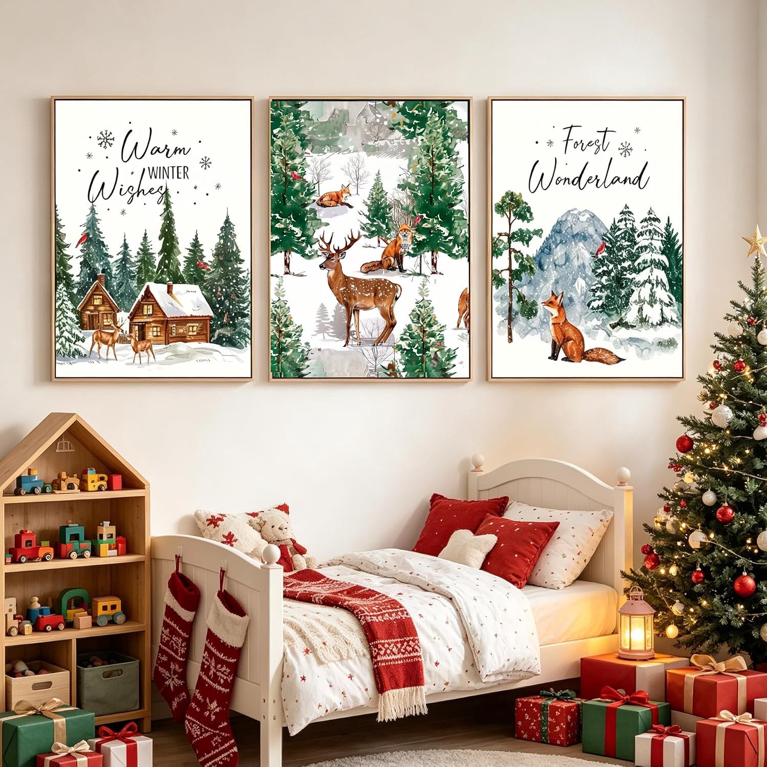 Set van 3 kerstposters 20 x 30, winterbos aquarelposter, niet ingelijst