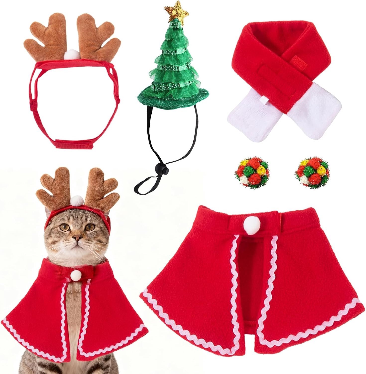 6-delige Kerstkostuum voor Katten met Sjaal en Sweater - Hond en Kat Pet Hoodie voor Feestdagen