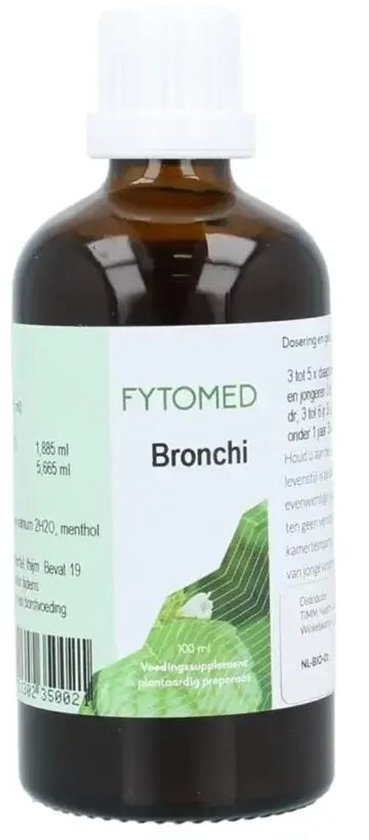 Flesje Fytomed Bronchi met groen label. Bevat 100 ml plantaardig preparaat.