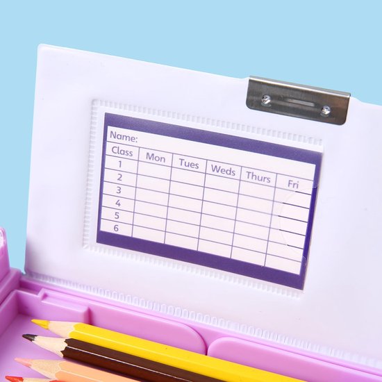 Pop-up multifunctionele etui voor meisjes en jongens, met 5 potloden, 1 gum, 1 puntenslijper en een schema, leuke cartoon pennenbox organizer briefpapier, beste cadeaus voor kinderen, Paars — afbeelding 4