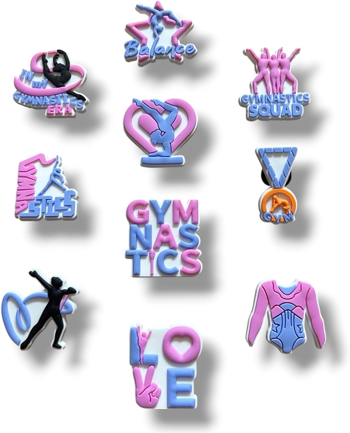 Set van 10 pinnen voor Crocs gymnastiek – bedels lint, balk, medaille, decoratieve accessoires om vast te klikken, cadeau voor gymnastiek