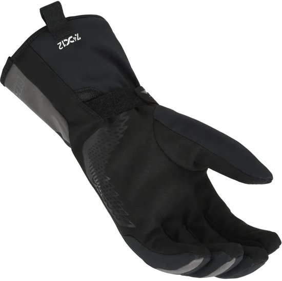 Zwarte Macna motorhandschoen met grijze, reflecterende accenten, klittenbandsluiting en een textuur grip op de palm.