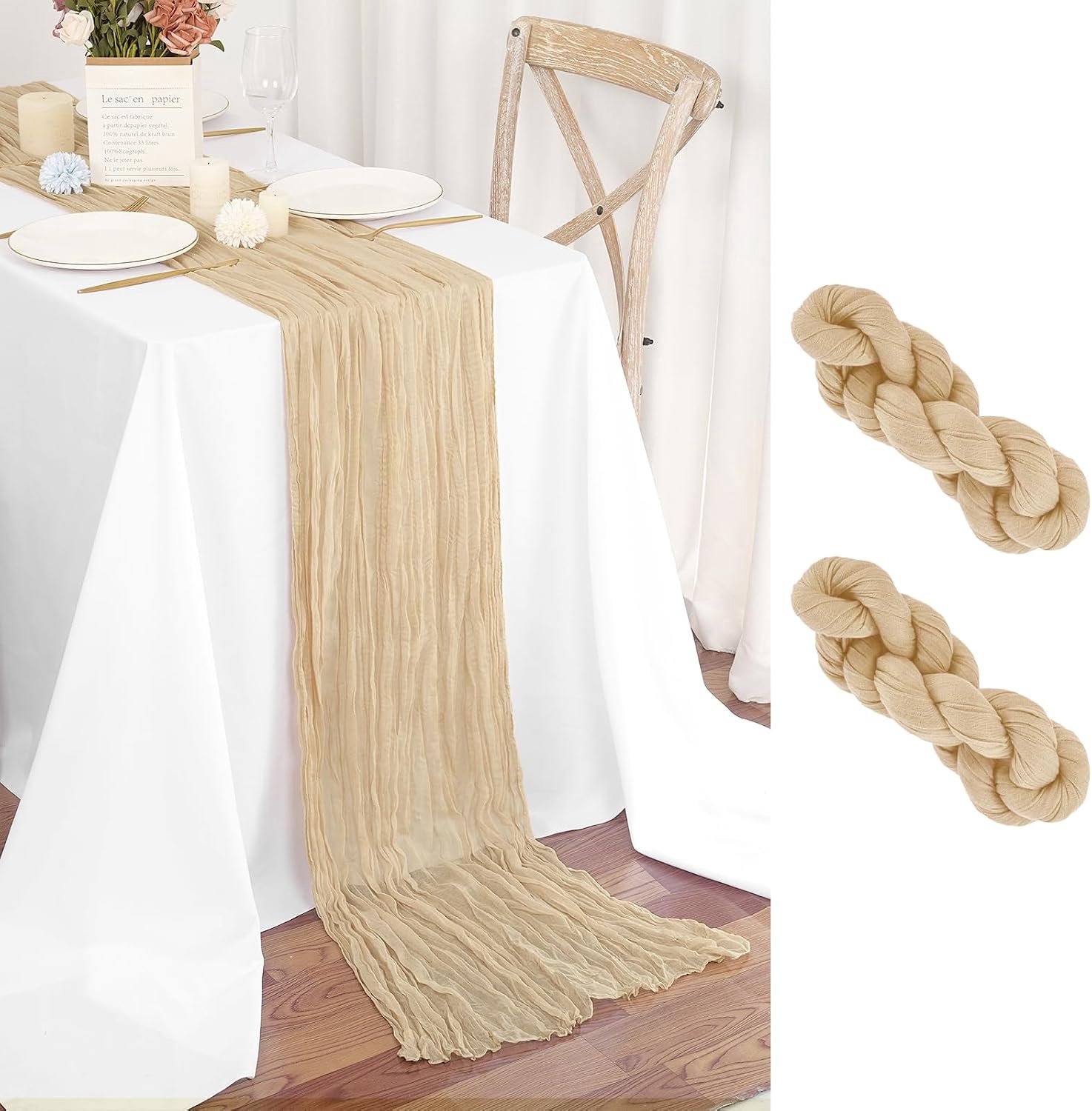 Teruntrue 2 stuks tafellopers, beige, 55 x 300 cm, boho-gaas, kaasdoek, tafelloper voor bruiloft, feest, babyshower, bruidsdouche, verjaardagsdecoraties