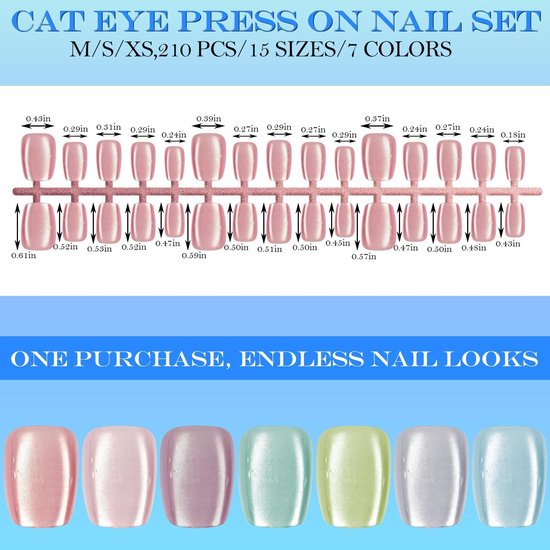 210 Stuks Glossy Cat Eye Kunstnagels Kort - 7 Kleuren Roze & Gradiënt Vierkante Plaknagels voor Dames en Tiener (Macaron-kleuren) — afbeelding 2