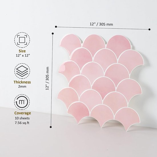 Upgrade Dikkere 3D Tegelstickers voor Badkamer en Keuken, Roze Zelfklevende Plaktegels Visschubben Tegels Wandtegels (10 Stuks) — afbeelding 2
