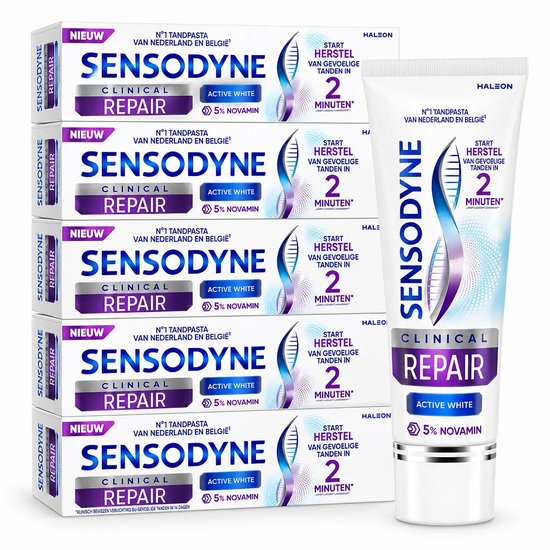 Verpakking met vijf tubes en één losse tube Sensodyne Clinical Repair Active White tandpasta, met blauwe en paarse accenten. Bevat de tekst 'Nieuw' en 'Start herstel van gevoelige tanden in 2 minuten'.