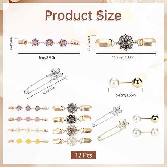 12 Stuks Cinch Clips, Gemengde Kleuren Bloemmotief Vintage Cardigan Clip, Zinklegering Clips voor Kleding met Eendbeksluiting voor Sjaal Vest Trui Kraag en Jurk — afbeelding 5
