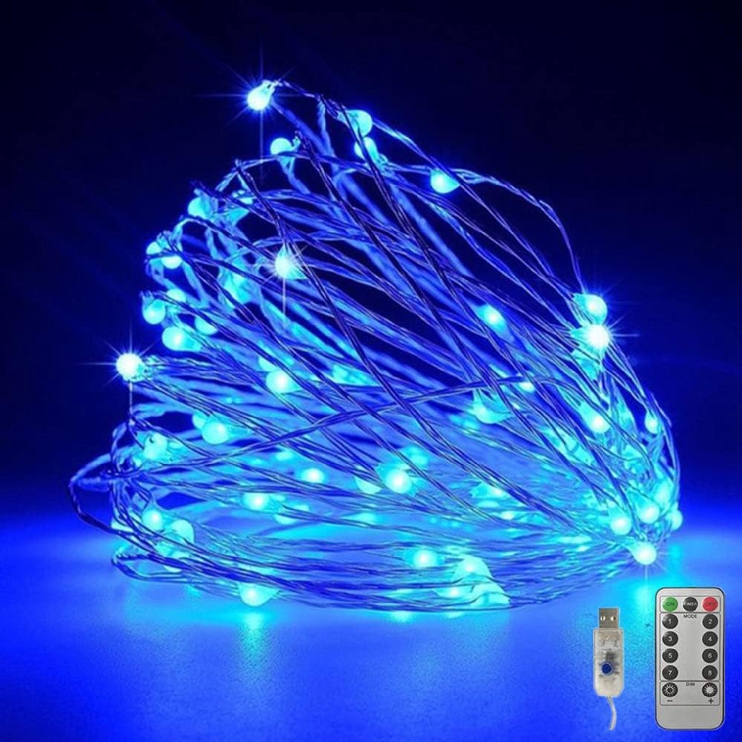 Fantasee Cooper Draadlichtsnoer met USB-voeding, 8 modi, met timer, afstandsbediening, voor thuis, slaapkamer, verjaardagsfeest, bruiloft, Kerstmis, festival, decoratie, 5 m, 50 leds, blauw