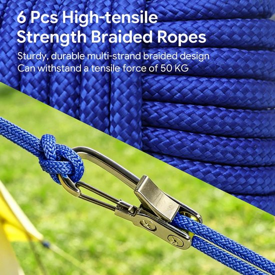6 stuks touwspanners van metaal + 6 stuks touw 3 mm x 5 m, touwspanner met touwrol, touwspanner camping met gevlochten touw, geschikt voor camping, luifels, boottochten, hangmat, zonder knopen — afbeelding 2