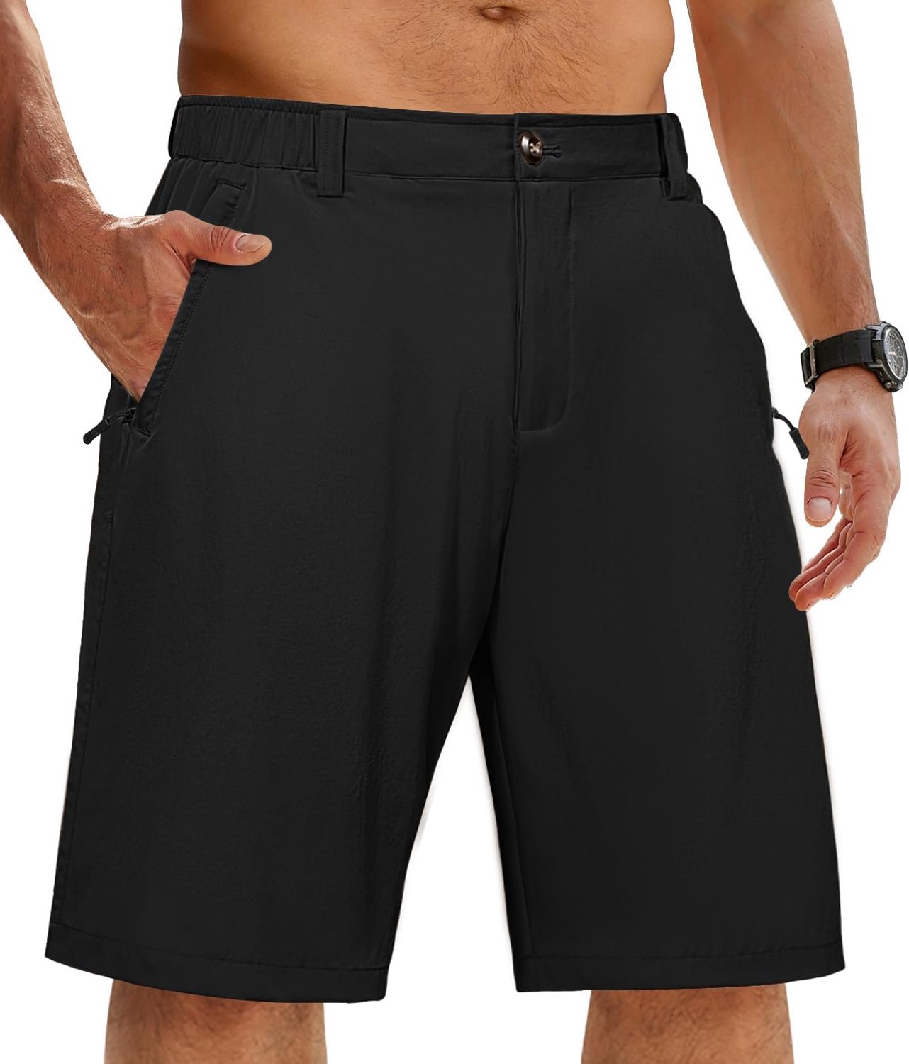 Voqeen Herenshorts, sneldrogend, licht, werkbroek, elastische taille, zakken met ritssluiting, wandelshorts voor golf, wandelen, klimmen, vissen, wandelen in de open lucht
