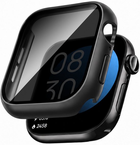 Zwarte beschermhoes met geïntegreerde screenprotector die boven een zwarte smartwatch zweeft.
