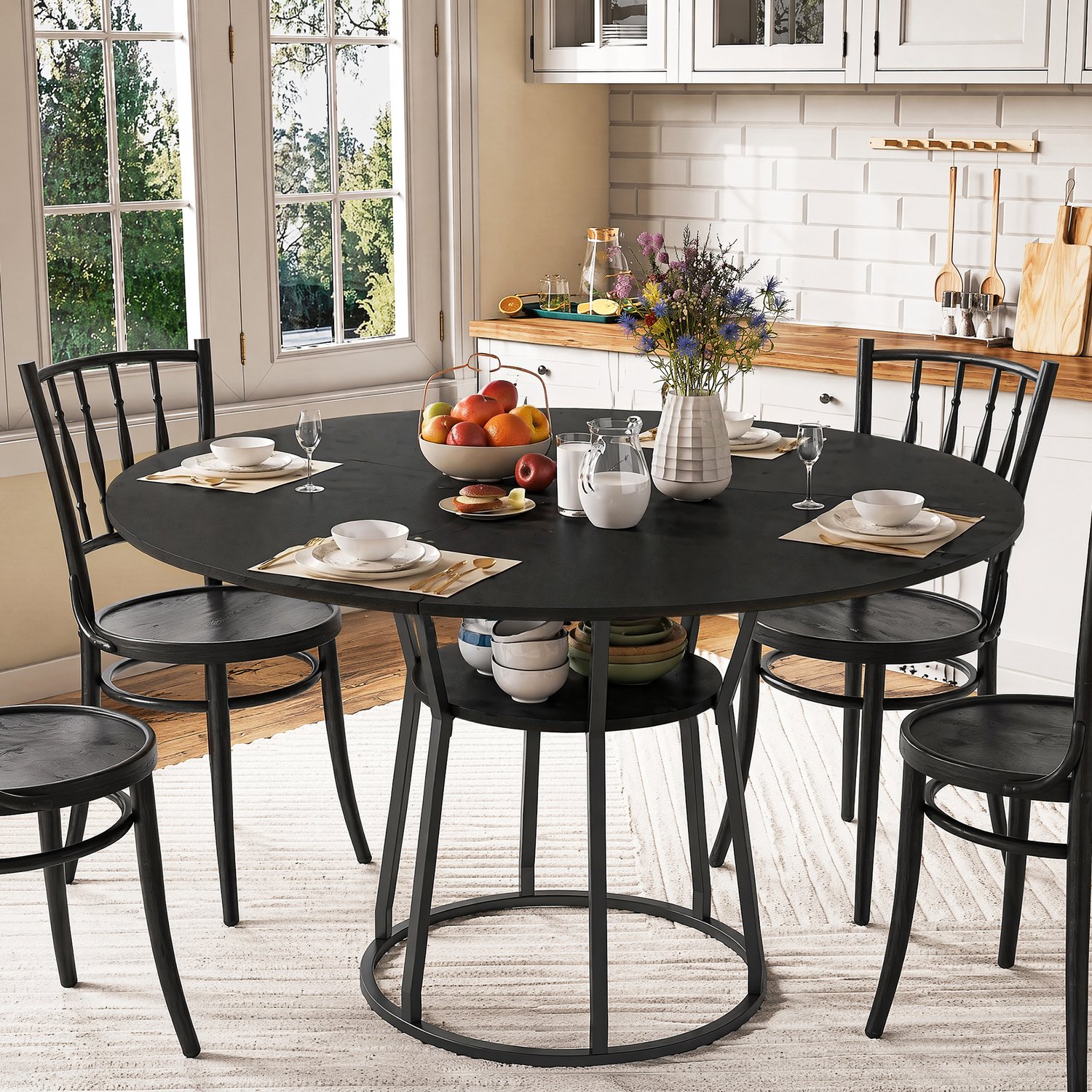 Yelenaro Ronde Eettafel 120 cm, Met Opbergplank, Voor 4-6 Personen, MDF Tafelblad + Metalen Frame, zonder stoelen, Zwart
