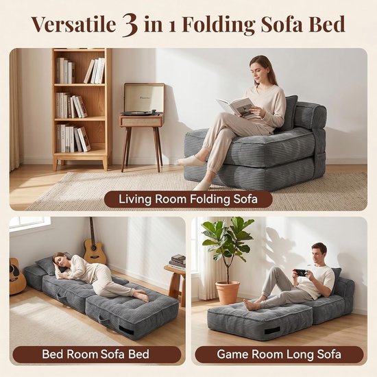 Opvouwbare slaapbank, converteerbare slaapstoel met kussen, opvouwbare matras met rugleuning, draagbare opvouwbare stoel bed comfortabele vloerbank woonkamer slaapkamer appartement eenvoudig — afbeelding 2