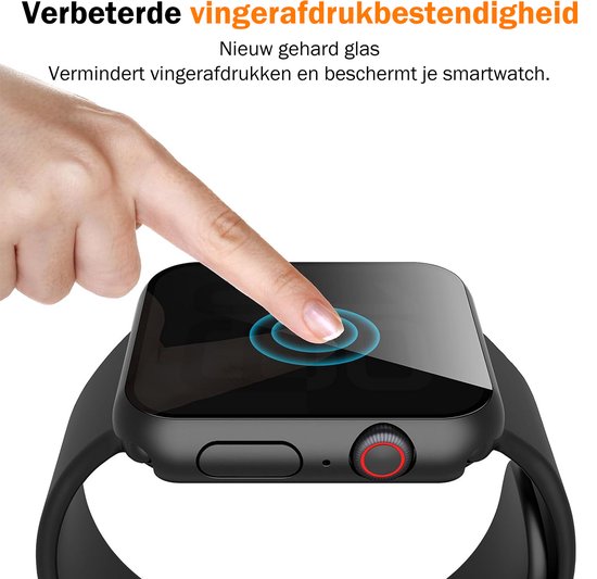 Vinger die op het scherm van een smartwatch drukt, demonstratie van vingerafdrukbestendig glas.