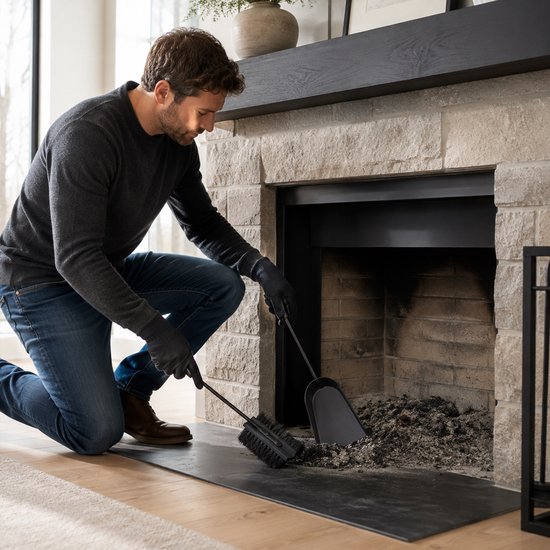 Man met handschoenen veegt as uit een steenoven met een zwarte schep en bezem.