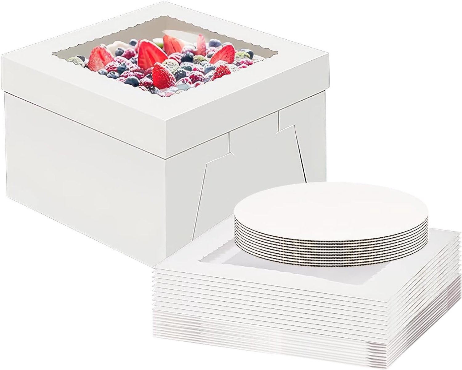 10 sets vierkante cakeboxen met cakeboard, 10 x 10 x 8 inch, transportdozen voor gebak, met venster voor het verpakken van taarten, koekjes en donuts