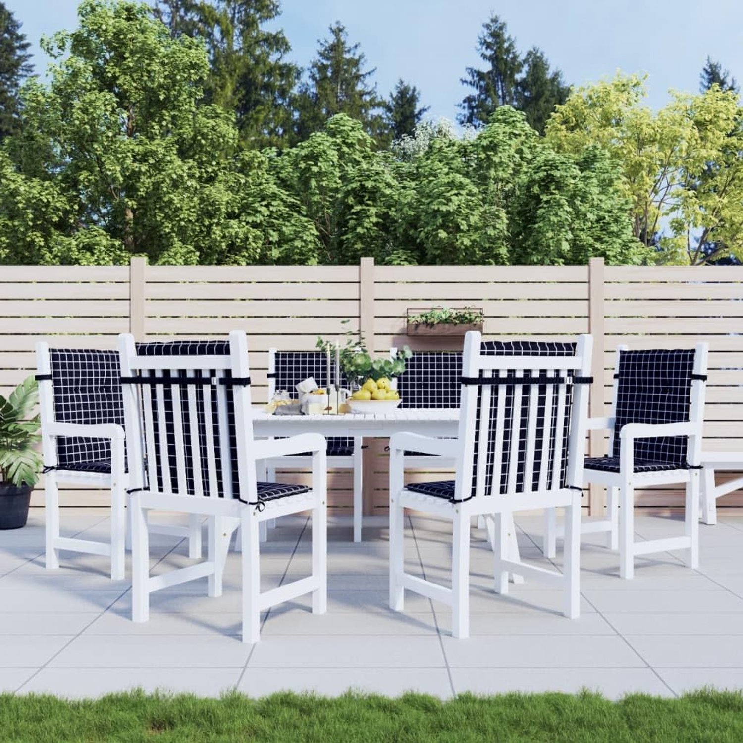 Kussens met lage rugleuning, 6 stuks, zwart ruitpatroon, waterdichte polyester zitkussens met uv-bestendigheid, zachte schuimvulling voor tuinmeubelen, antislip
