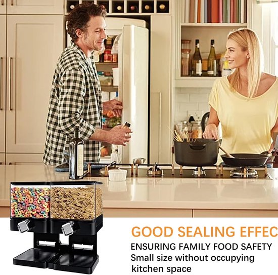 Syfunlv Double Cereal Dispenser, vierkante ontbijtdispenser, versnippert geen granen bij het uitgeven, luchtdicht gesloten, transparant, voor muesli/diervoer/snoep (1,8 l enkele verpakking) — afbeelding 5
