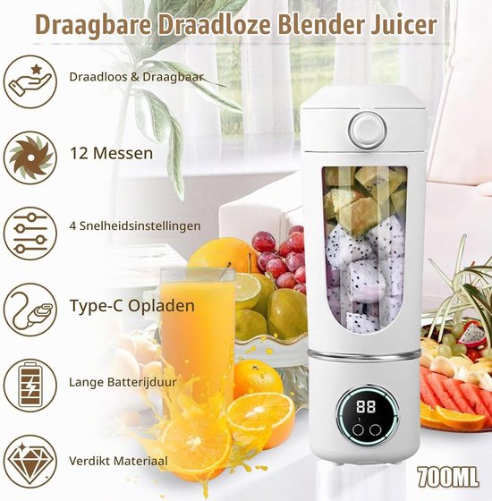 Draagbare Blender 700ml - 12 Bladen, Oplaadbaar via USB, Ideaal voor Smoothies, Shakes en Eiwitdranken met Zelfreinigingsfunctie en Extra Deksel — afbeelding 2