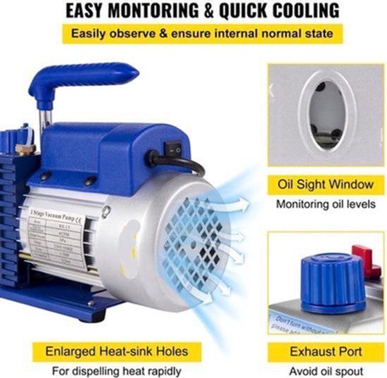 Vacuümpomp - Koelmiddel Vacuümpomp - HVAC-koeling - Droogpomp 4CFM 1/3HP - Koelgereedschap - met Meter - Blauw — afbeelding 2